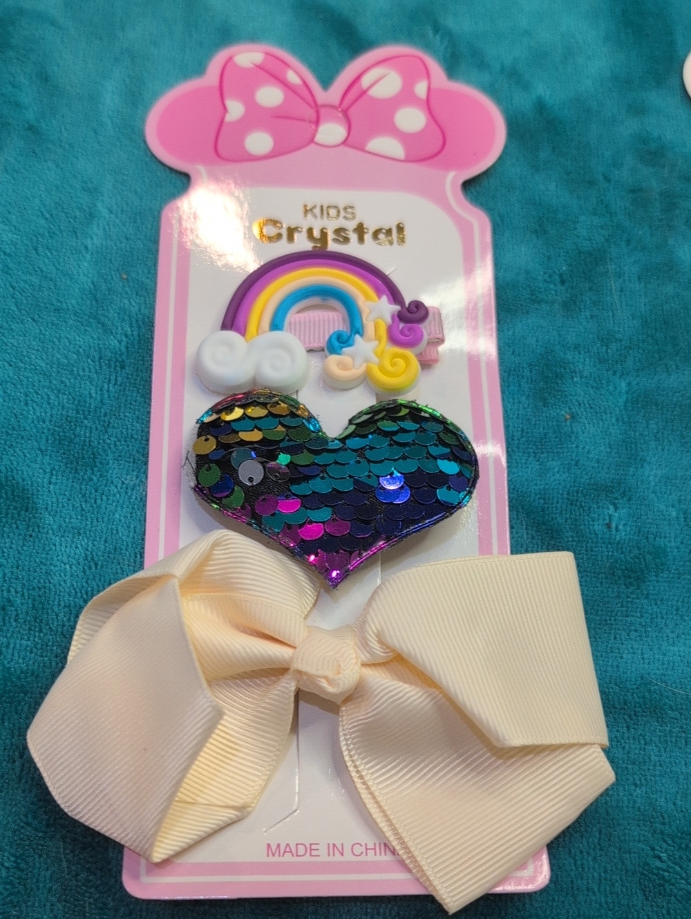 Kids Crystal Rainbow Sequin Heart & Cream Bow Hair Clips
